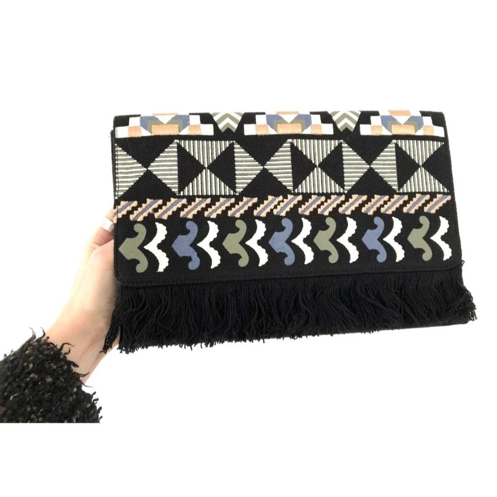 Boho Stella & Dot "Taj" Multicolor Woven Fringed Trim Envelope Clutch Bag